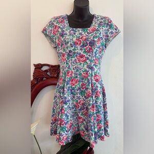 Vintage Women’s Pink Purple and Teal Floral Short Sleeve Square Neck Mini Dress